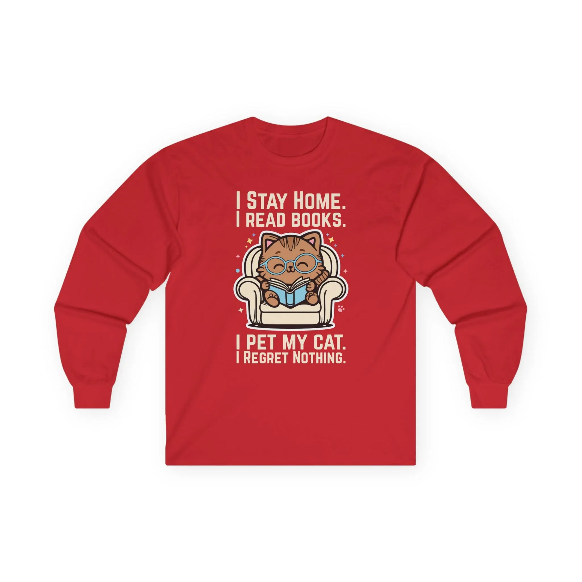 Cozy Starry Cat Reader Long Sleeve shirt with a cute cat reading, saying 'I stay home. I read books. I pet my cat. I regret nothing.' Perfect for book lovers!