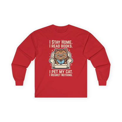 Cozy Starry Cat Reader Long Sleeve shirt with a cute cat reading, saying 'I stay home. I read books. I pet my cat. I regret nothing.' Perfect for book lovers!