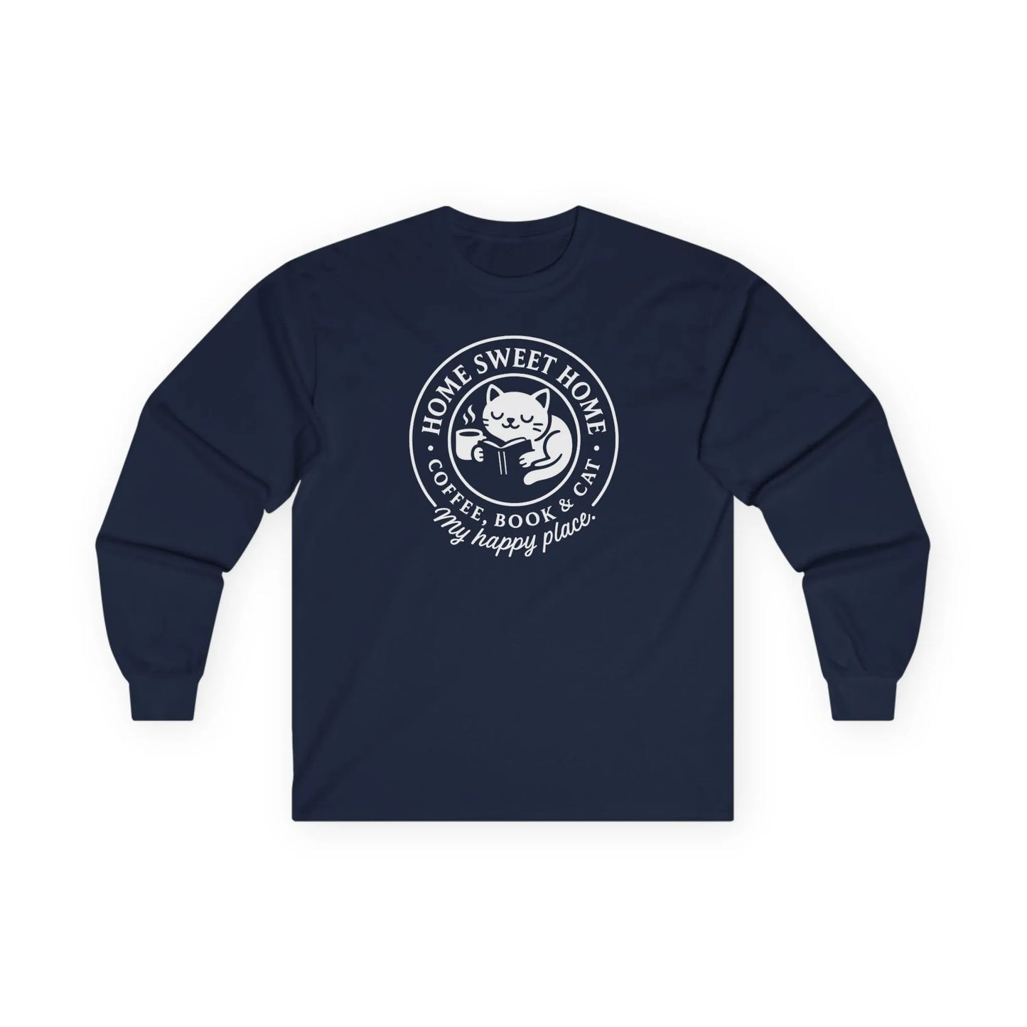 Cozy Cat Haven Long Sleeve shirt with a cat, coffee, and 'Home Sweet Home' text, perfect for book lovers and cat enthusiasts.