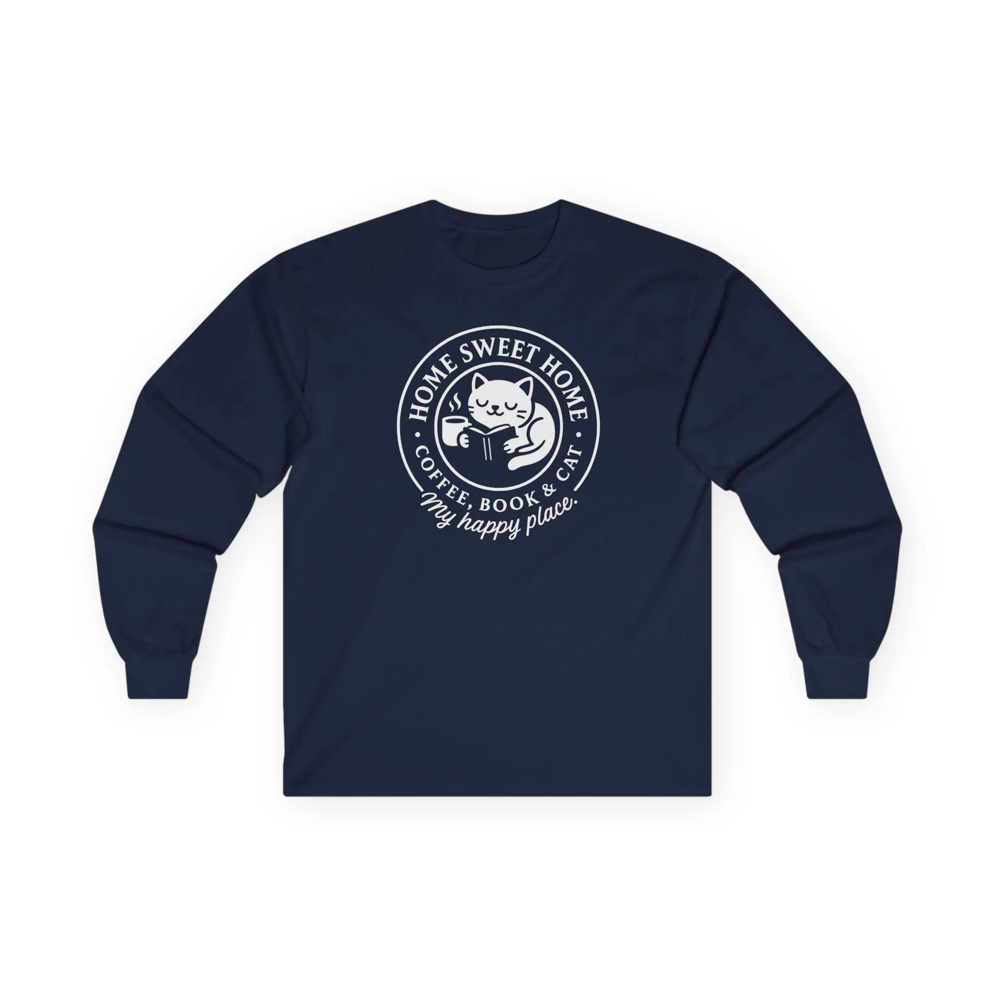 Cozy Cat Haven Long Sleeve shirt with a cat, coffee, and 'Home Sweet Home' text, perfect for book lovers and cat enthusiasts.