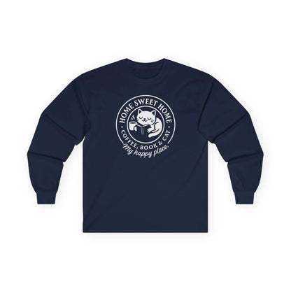 Cozy Cat Haven Long Sleeve shirt with a cat, coffee, and 'Home Sweet Home' text, perfect for book lovers and cat enthusiasts.