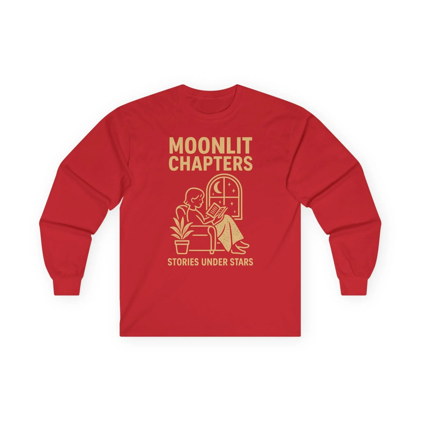Moonlit Chapters Long Sleeve, cozy book lover shirt with a reader, plant, and a door, perfect for tea and cat lovers.