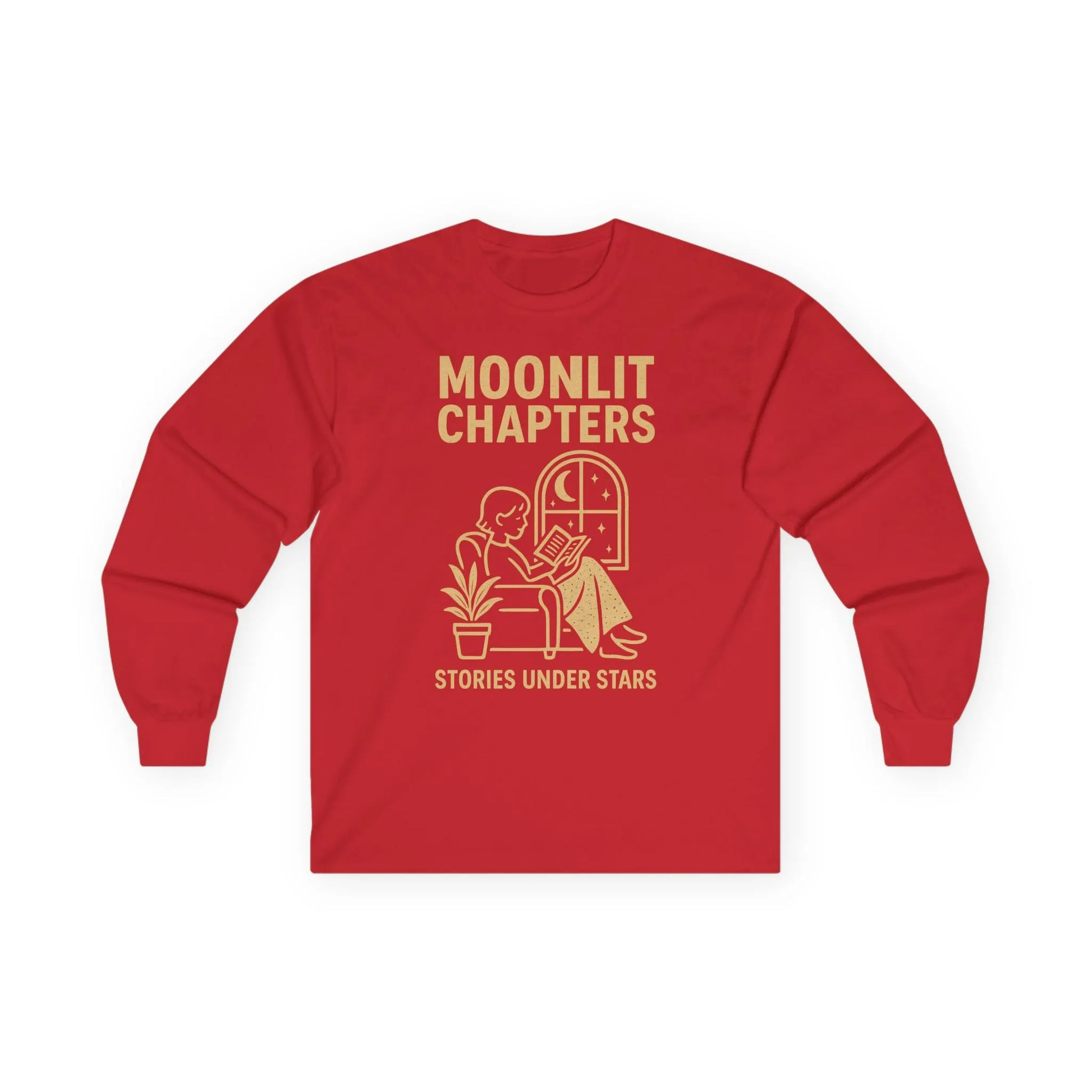 Moonlit Chapters Long Sleeve, cozy book lover shirt with a reader, plant, and a door, perfect for tea and cat lovers.