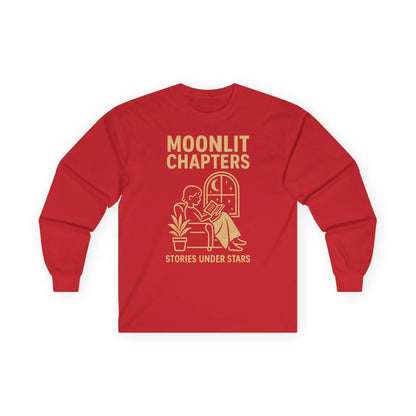 Moonlit Chapters Long Sleeve, cozy book lover shirt with a reader, plant, and a door, perfect for tea and cat lovers.