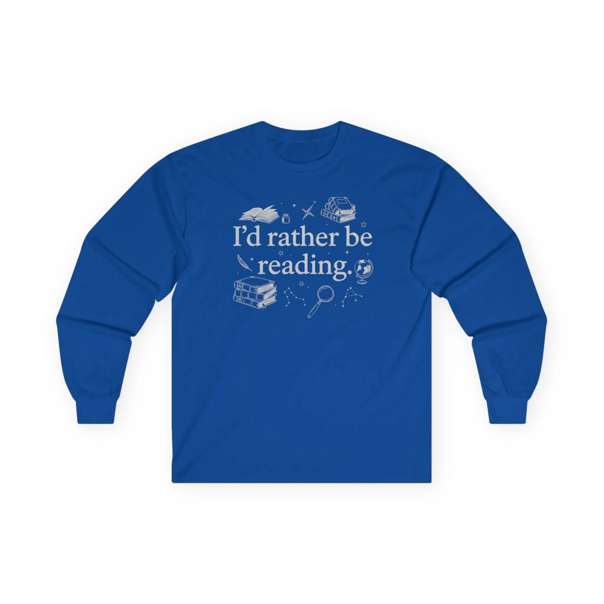 Rather Be Reading 2 Long Sleeve shirt in blue with fun book-themed design, perfect for book lovers and cozy reading.