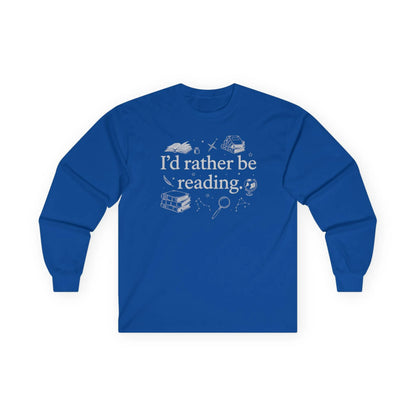 Rather Be Reading 2 Long Sleeve shirt in blue with fun book-themed design, perfect for book lovers and cozy reading.