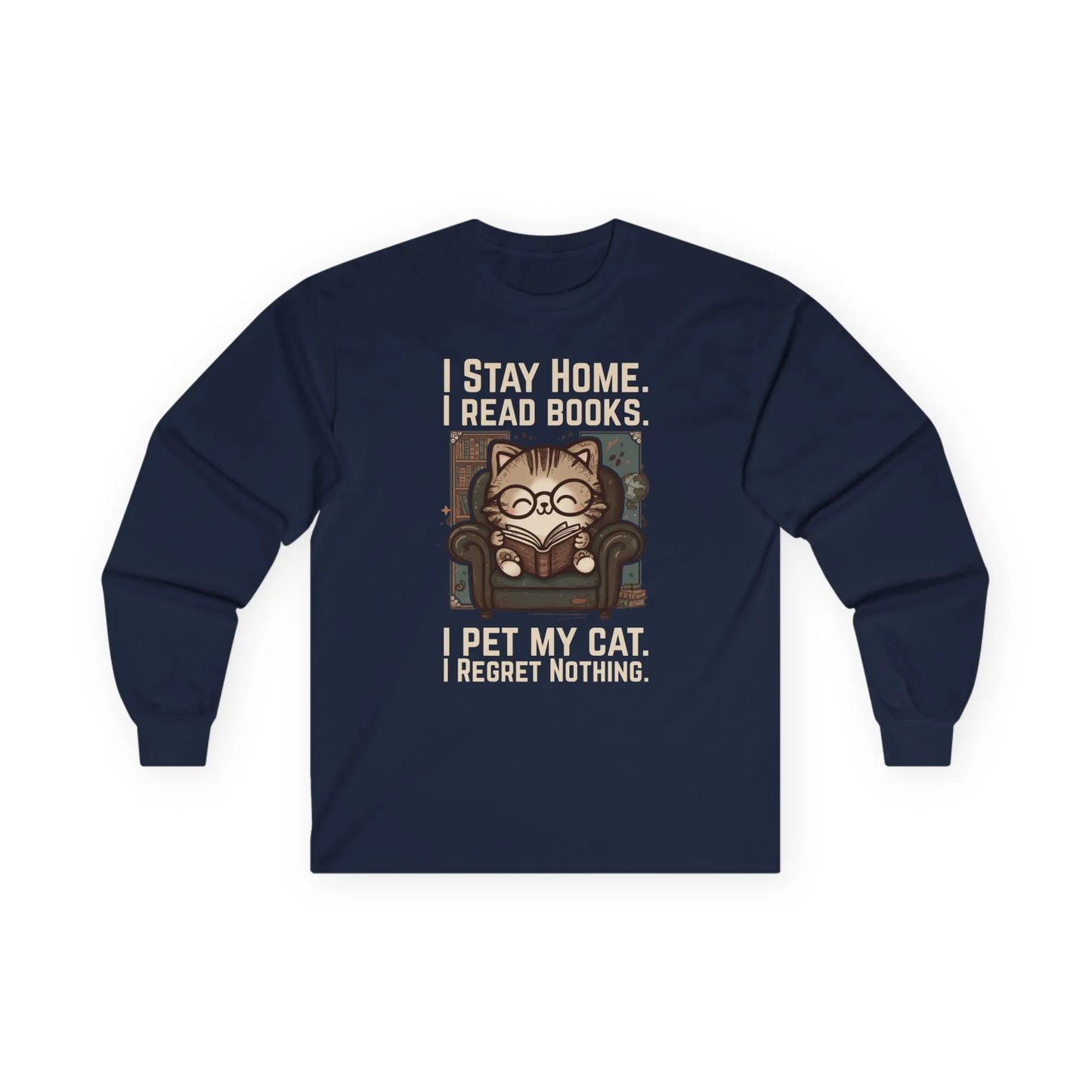 Library Cat Reader Long Sleeve featuring a cute cat in glasses reading a book with humorous text, perfect for book lovers and cat owners.