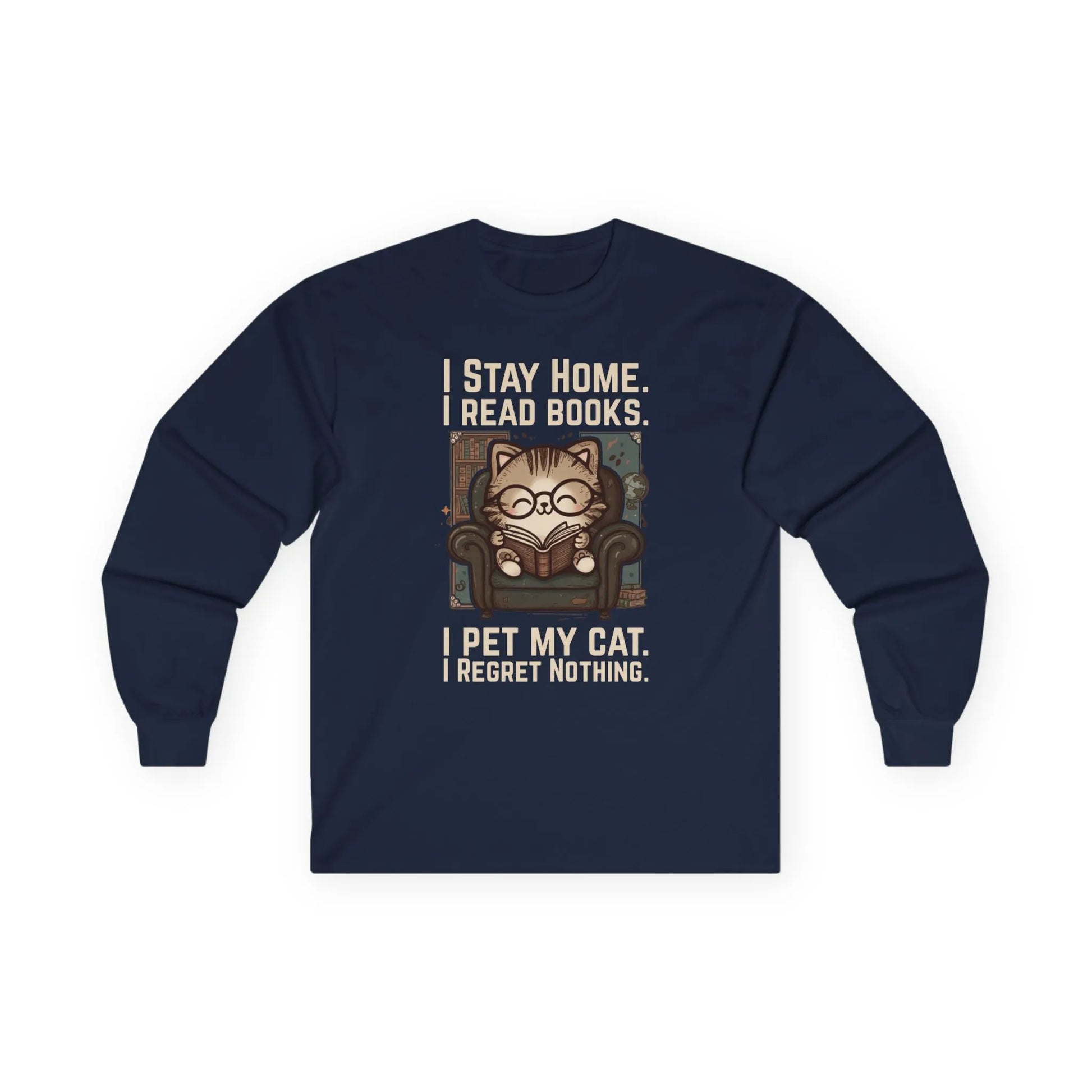 Library Cat Reader Long Sleeve featuring a cute cat in glasses reading a book with humorous text, perfect for book lovers and cat owners.