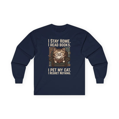 Library Cat Reader Long Sleeve featuring a cute cat in glasses reading a book with humorous text, perfect for book lovers and cat owners.