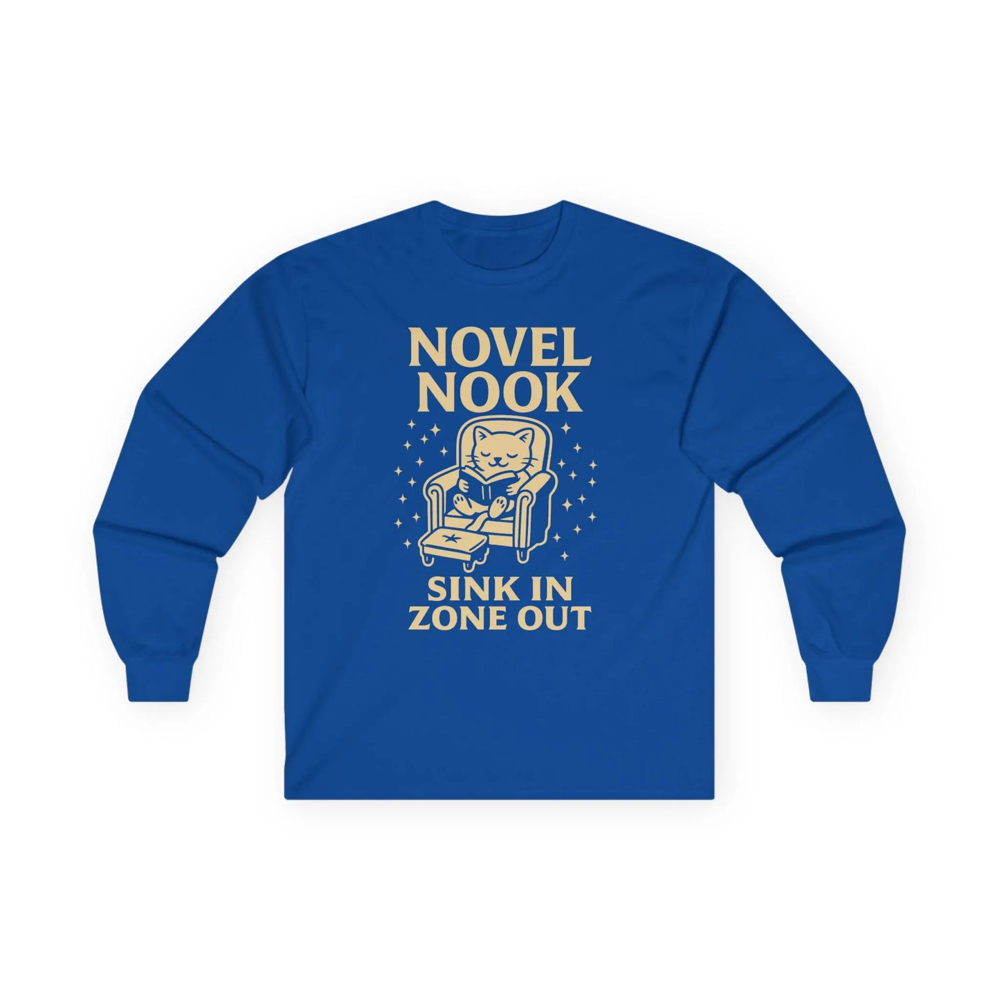 Novel Nook Long Sleeve shirt featuring a cozy cat in an armchair with 'Sink In Zone Out' text, perfect gift for book lovers.