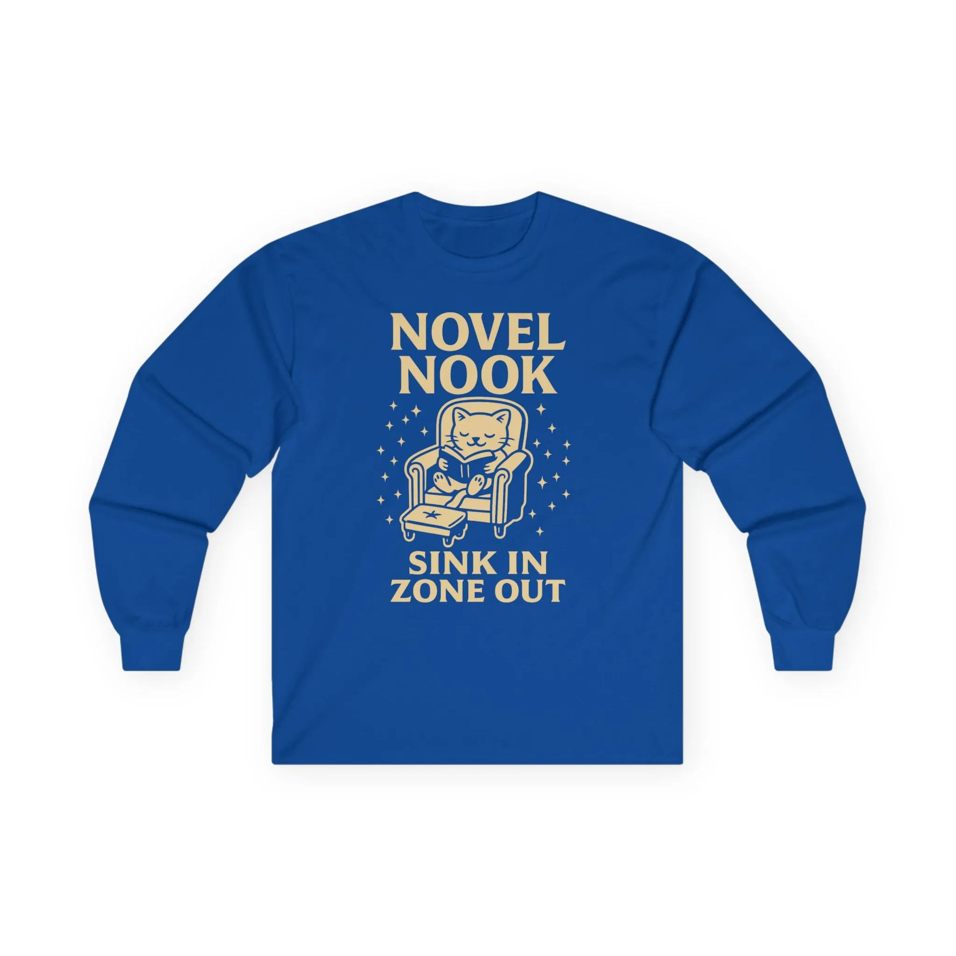 Novel Nook Long Sleeve shirt featuring a cozy cat in an armchair with 'Sink In Zone Out' text, perfect gift for book lovers.
