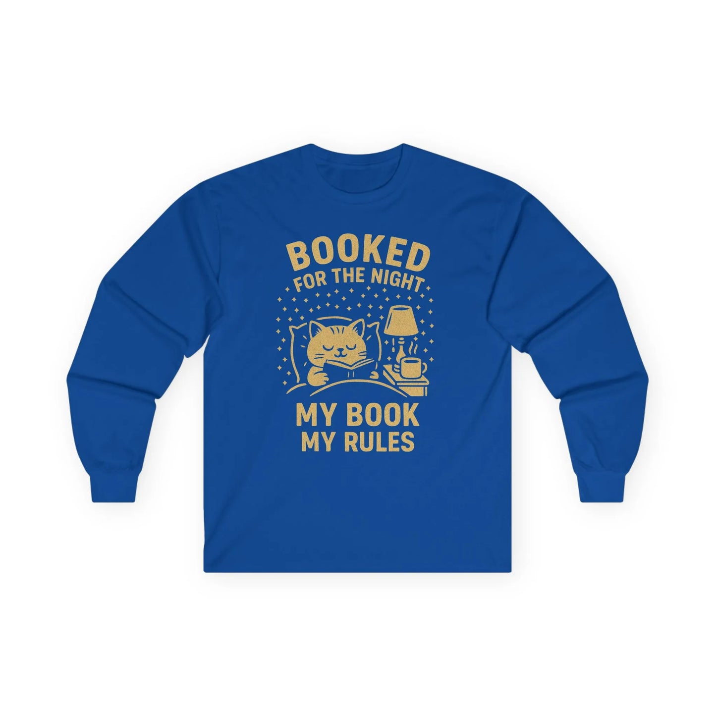 Cozy blue long sleeve shirt featuring a cartoon cat, lamp, and text: 'Booked for the Night, My Book, My Rules'—perfect for book lovers.
