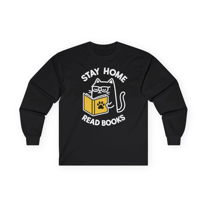 Purrfect Homebody Long Sleeve shirt featuring a cat reading a book with text: Stay Home Read Books, great for cozy book lovers.