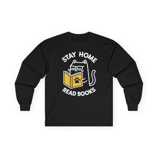 Purrfect Homebody Long Sleeve shirt featuring a cat reading a book with text: Stay Home Read Books, great for cozy book lovers.