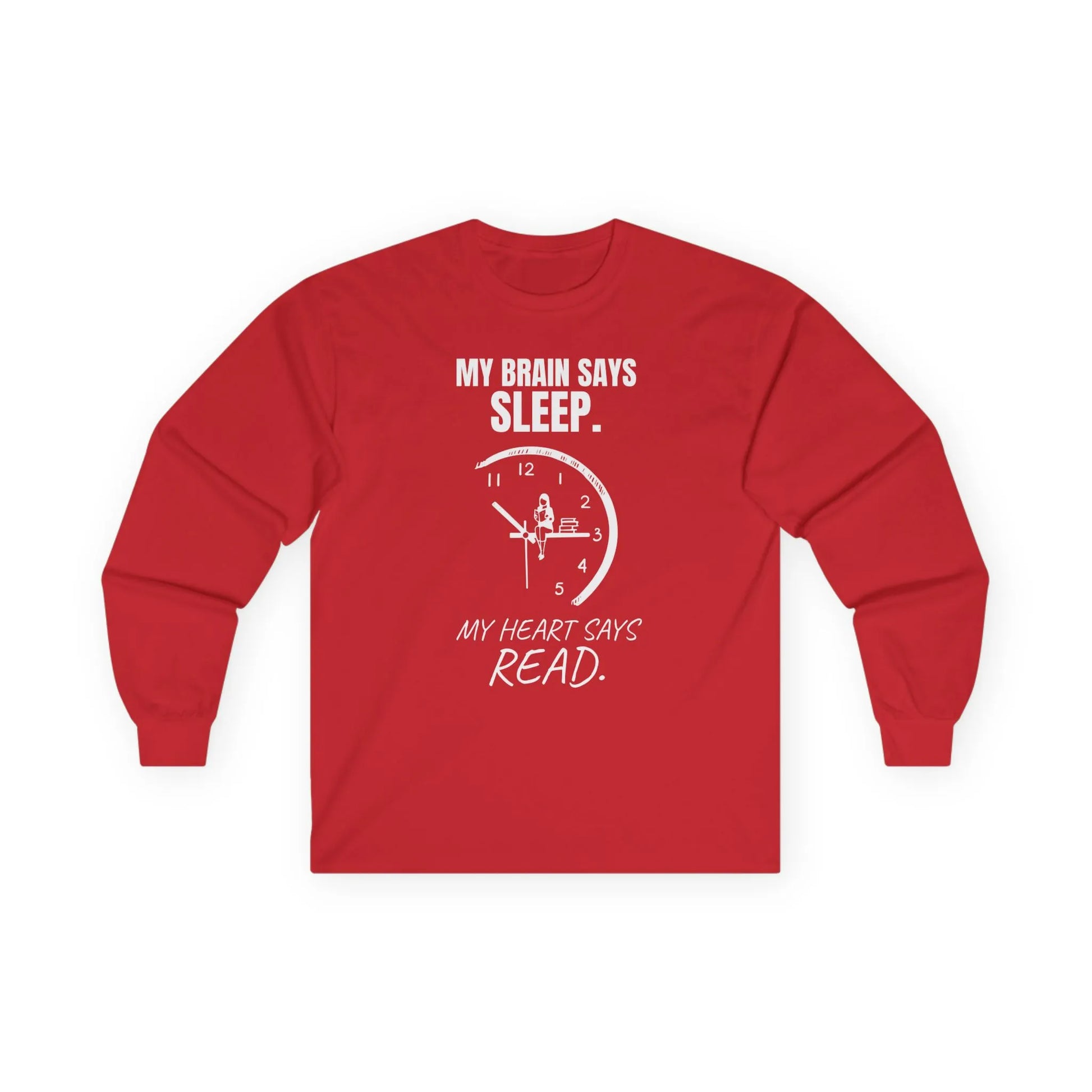 Brain vs. Books Long Sleeve featuring a witty clock illustration with "My brain says sleep. My heart says read." Perfect cozy book lover shirt.