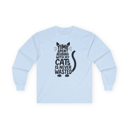 Never Wasted with Cats Long Sleeve featuring cat-shaped typography reading 'Time spent reading with my cats is never wasted'.