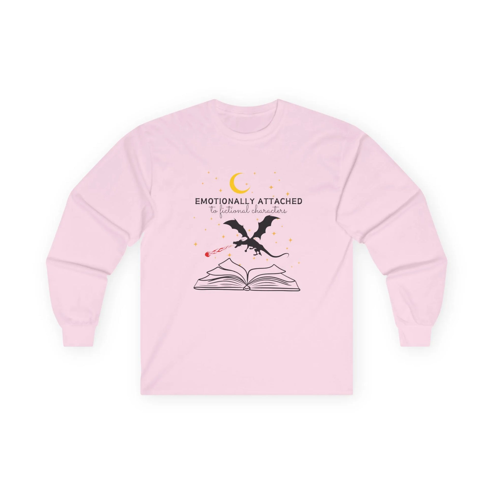 Fictional Characters Long Sleeve shirt featuring a dragon from an open book and the quote "Emotionally Attached" for book lovers.