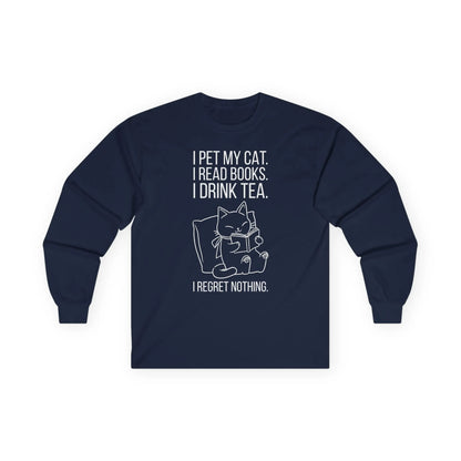 Purrfect Tea & Tales Long Sleeve features a cat illustration with text: 'I pet my cat. I read books. I drink tea. I regret nothing.' Perfect gift for book lovers!
