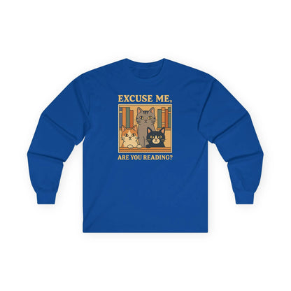 Are You Reading? Long Sleeve Shirt featuring curious library cats asking readers in a cozy design.