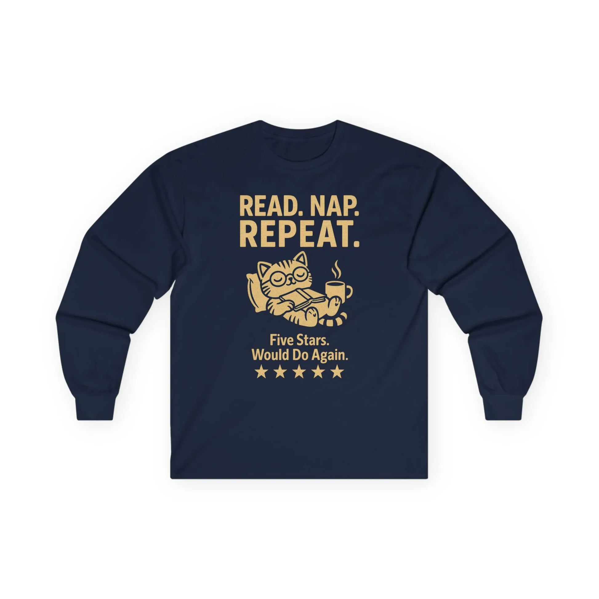 Read. Nap. Repeat. Long Sleeve featuring a cozy cat, coffee, and five stars, perfect for book lovers and gift-giving.