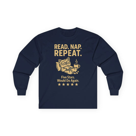 Read. Nap. Repeat. Long Sleeve featuring a cozy cat, coffee, and five stars, perfect for book lovers and gift-giving.