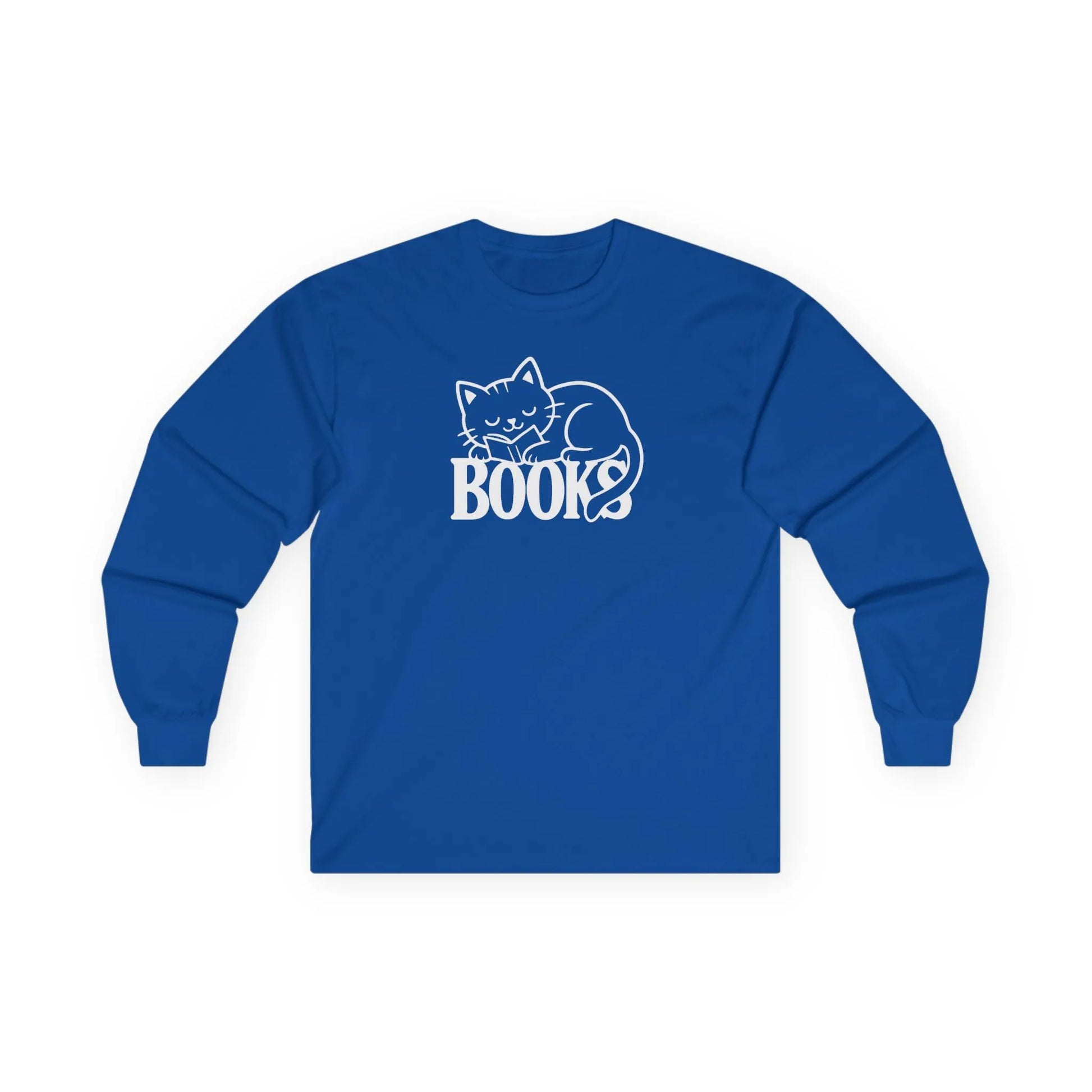 Catnap & Books Long Sleeve, cozy blue tee featuring a sleeping cat above the word 'BOOKS' for book lovers.