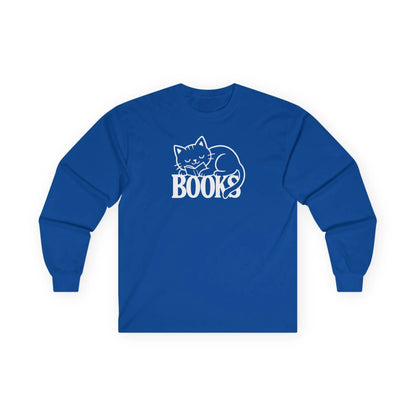 Catnap & Books Long Sleeve, cozy blue tee featuring a sleeping cat above the word 'BOOKS' for book lovers.