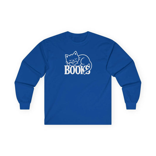 Catnap & Books Long Sleeve, cozy blue tee featuring a sleeping cat above the word 'BOOKS' for book lovers.
