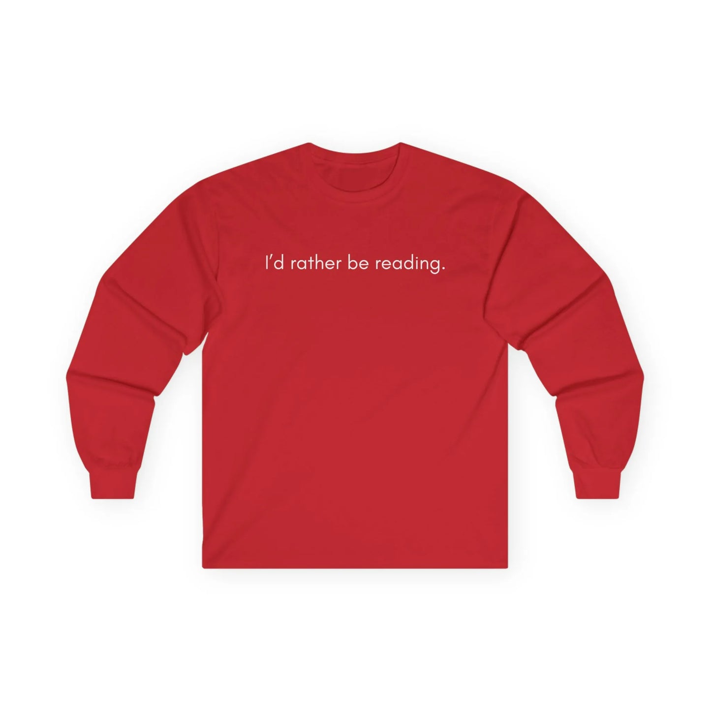 Red long sleeve I'd rather be reading shirt, perfect cozy gift for book lovers and cat aficionados.
