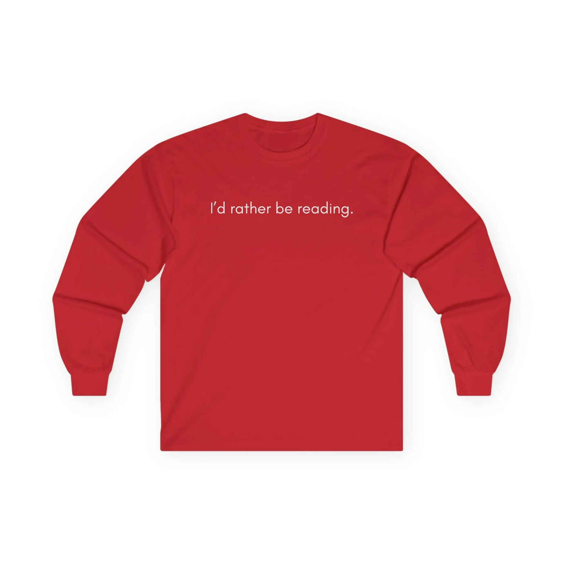 Red long sleeve I'd rather be reading shirt, perfect cozy gift for book lovers and cat aficionados.