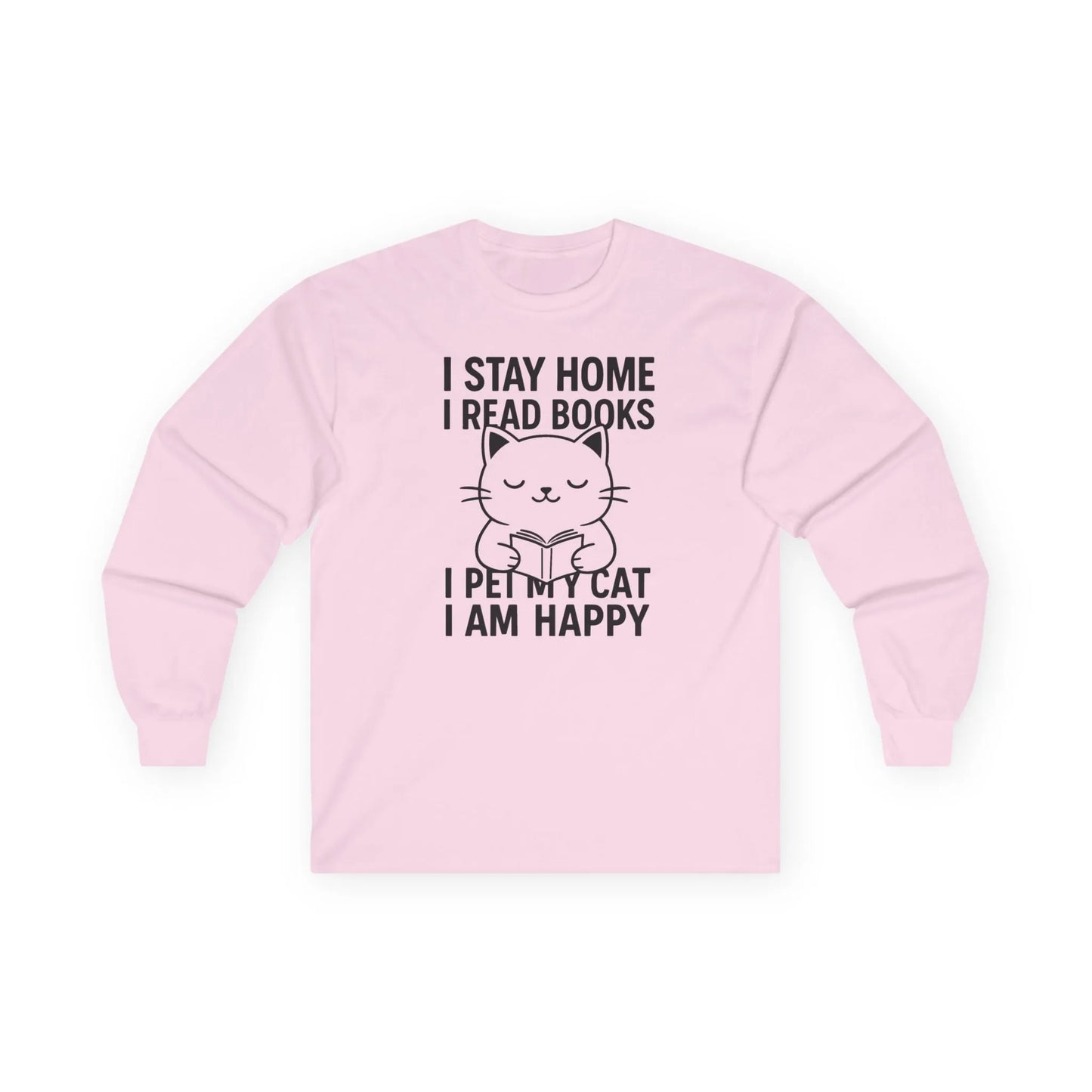 Happy Cat Reader Long Sleeve shirt in pink with a playful cat graphic and reading quotes, perfect for book lovers.