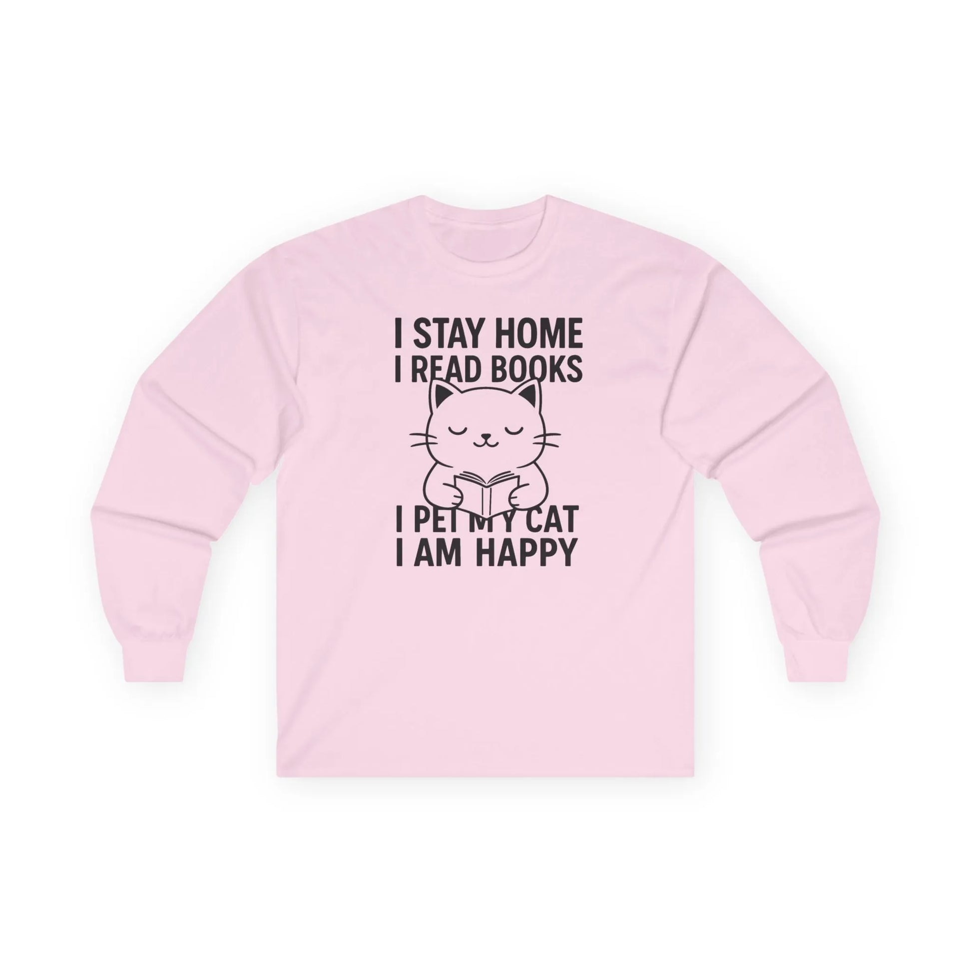 Happy Cat Reader Long Sleeve shirt in pink with a playful cat graphic and reading quotes, perfect for book lovers.