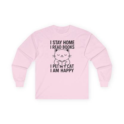 Happy Cat Reader Long Sleeve shirt in pink with a playful cat graphic and reading quotes, perfect for book lovers.