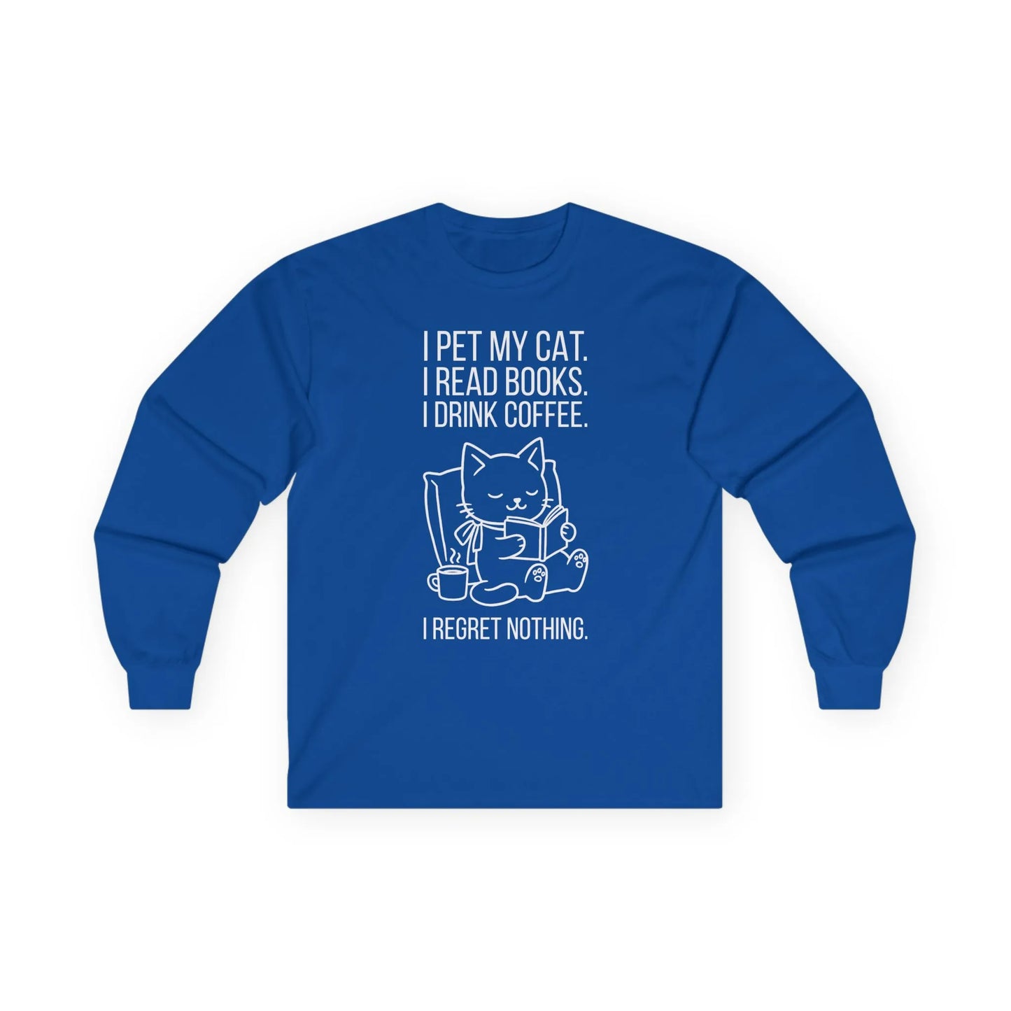 Cat. Books. Coffee. Long Sleeve - cozy reading long sleeve shirt with cat design and text for book lovers.