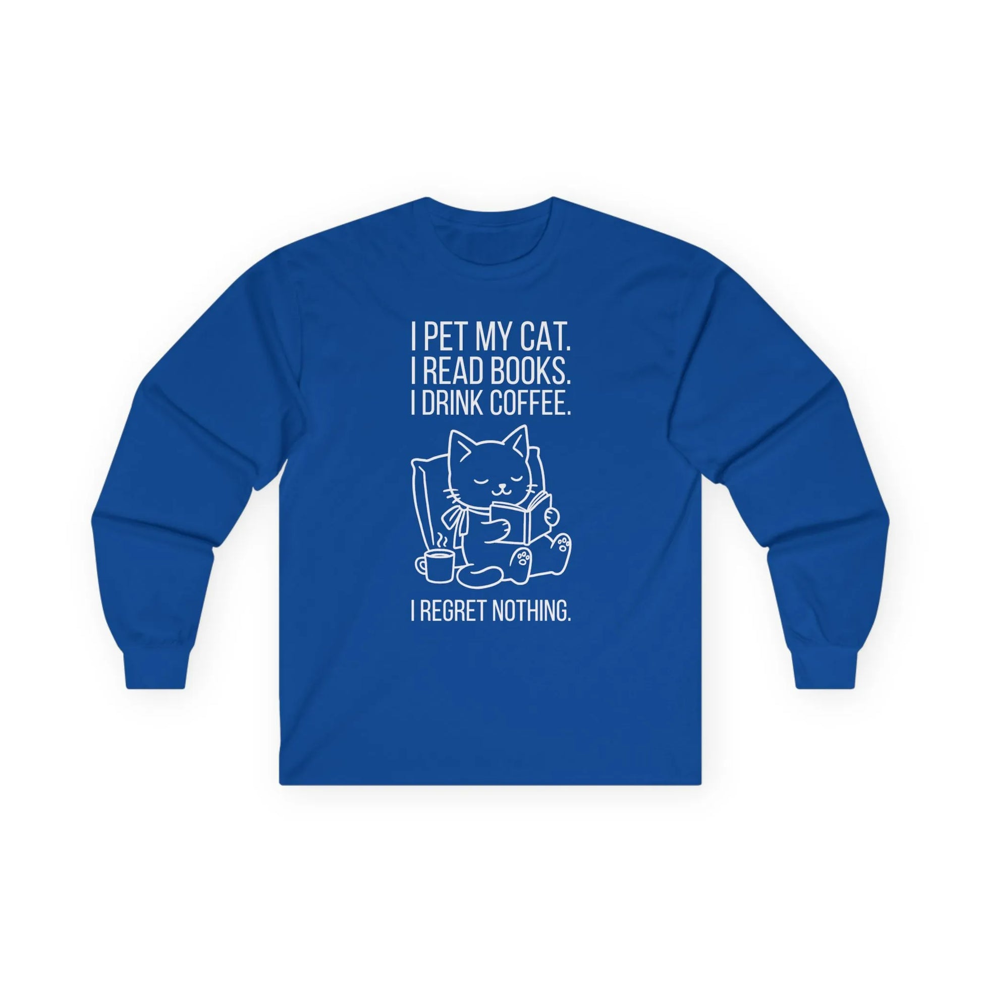 Cat. Books. Coffee. Long Sleeve - cozy reading long sleeve shirt with cat design and text for book lovers.