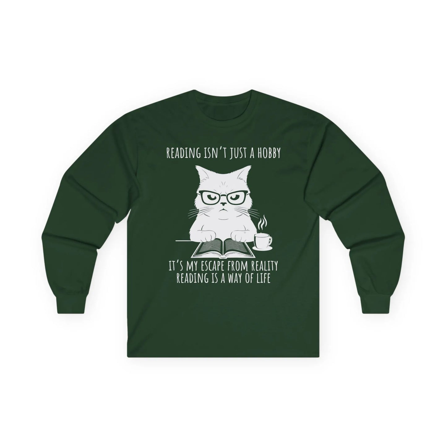Funny cat reading shirt with glasses and coffee, featuring quote: 'Reading is a way of life.' Perfect for book lovers!