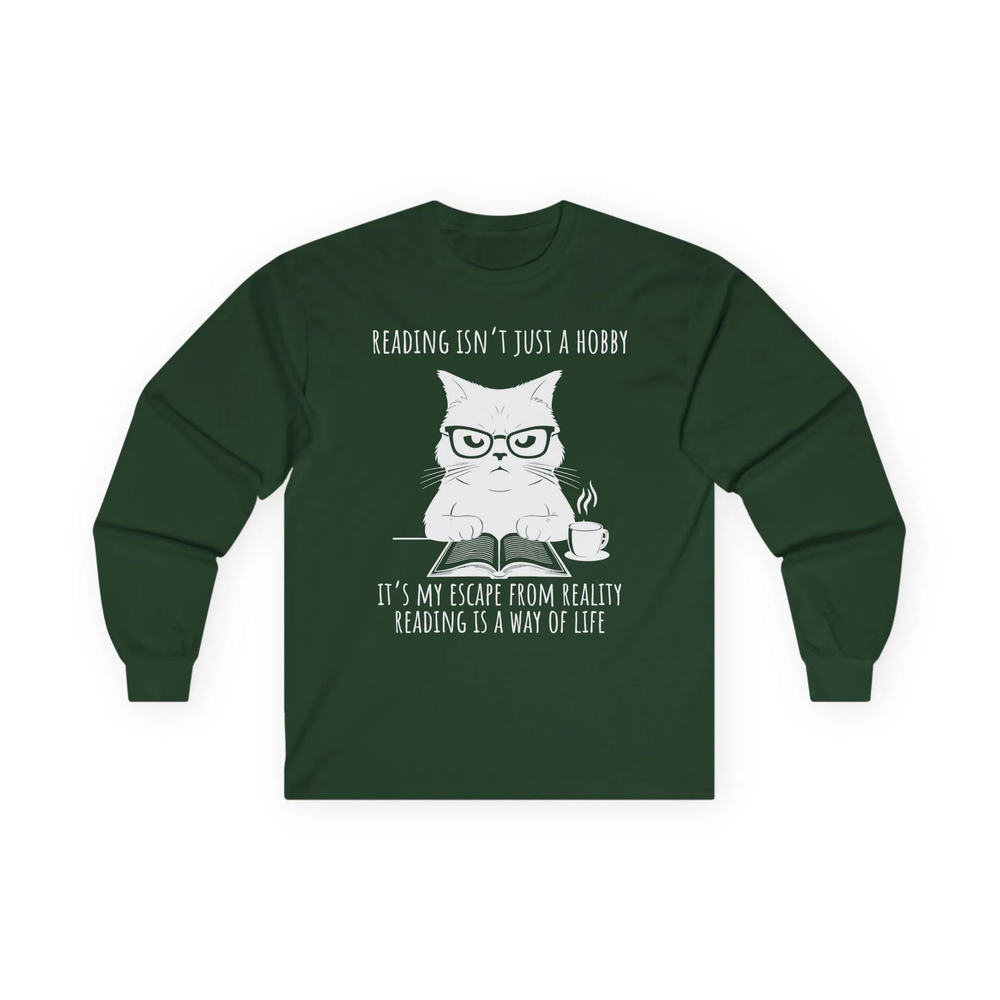 Funny cat reading shirt with glasses and coffee, featuring quote: 'Reading is a way of life.' Perfect for book lovers!