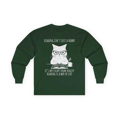 Funny cat reading shirt with glasses and coffee, featuring quote: 'Reading is a way of life.' Perfect for book lovers!