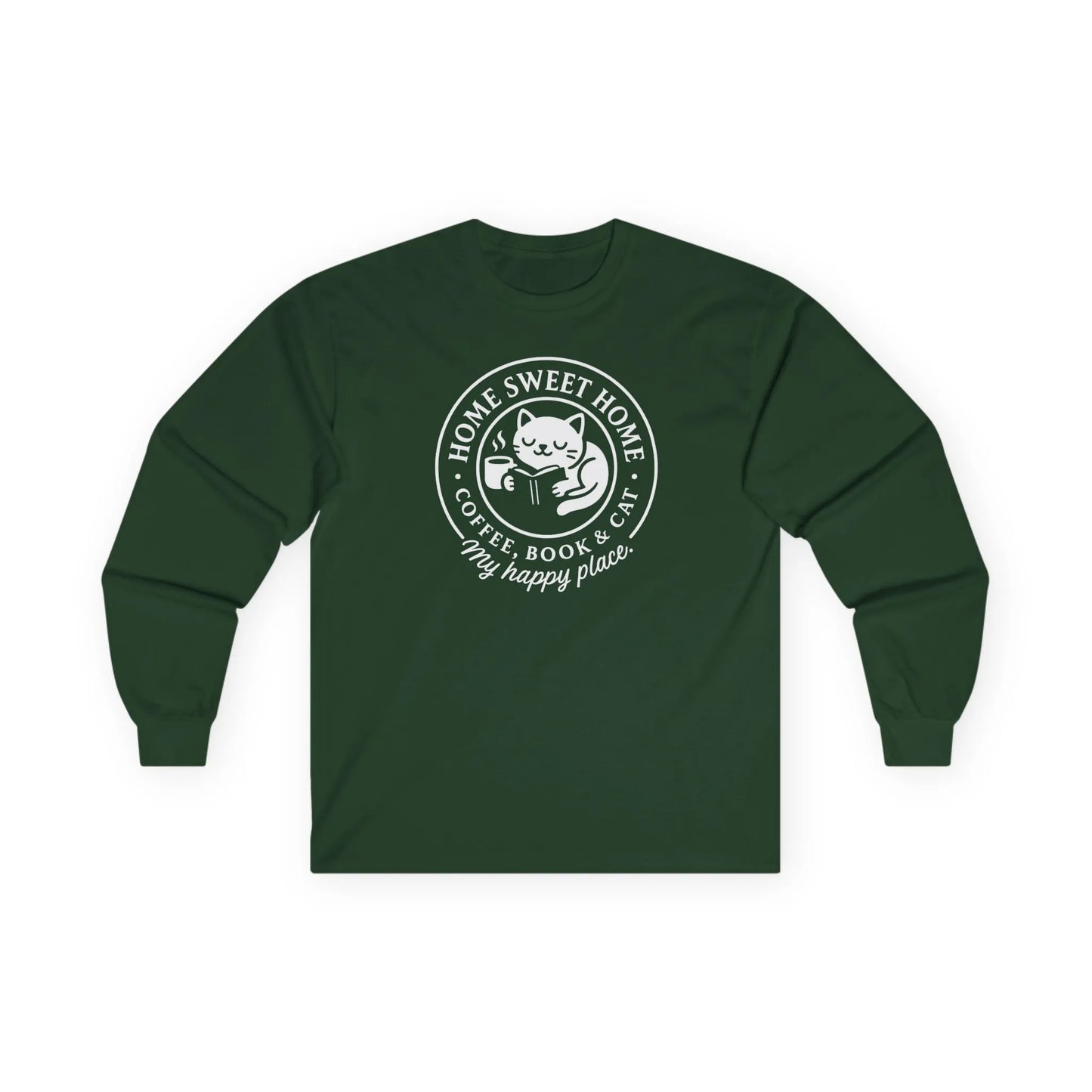 Cozy Cat Haven Long Sleeve features a cute cat with coffee and books; perfect for book lovers and gifts for readers.