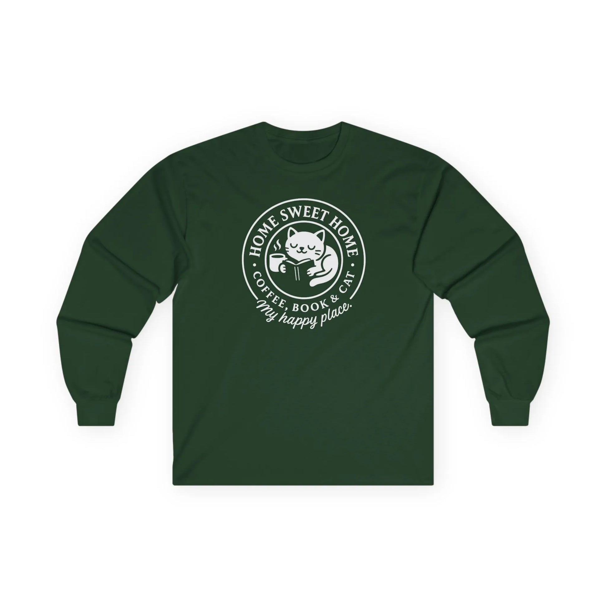 Cozy Cat Haven Long Sleeve features a cute cat with coffee and books; perfect for book lovers and gifts for readers.