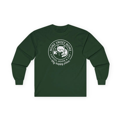 Cozy Cat Haven Long Sleeve features a cute cat with coffee and books; perfect for book lovers and gifts for readers.