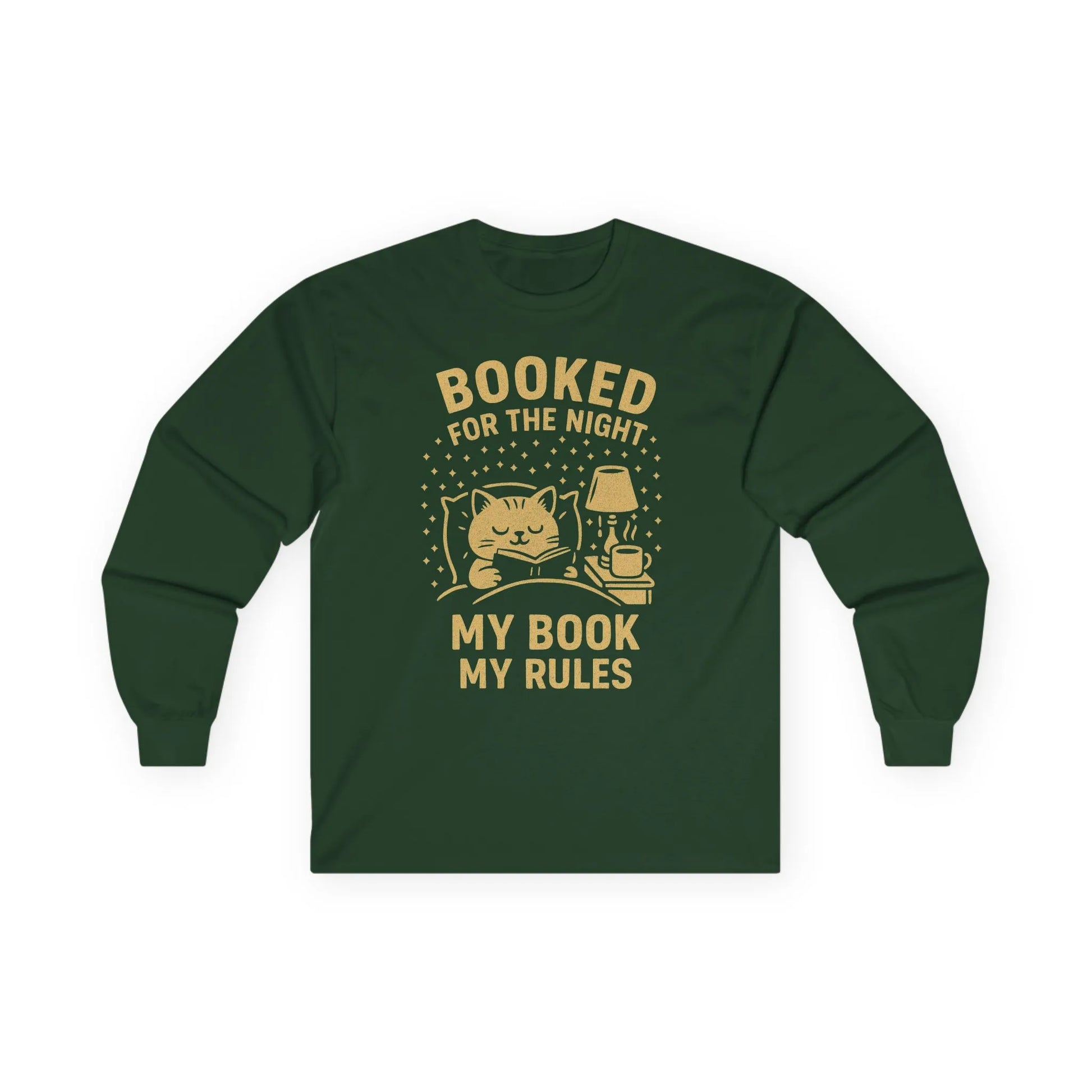 Cozy long sleeve shirt with a cat, lamp, and the text 'Booked for the Night, My Book My Rules', perfect for book lovers.