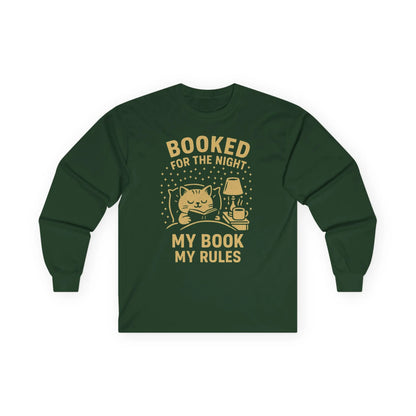 Cozy long sleeve shirt with a cat, lamp, and the text 'Booked for the Night, My Book My Rules', perfect for book lovers.