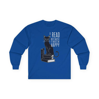 Funny reading tee with a black cat on books and quote 'I read because it makes me happy', perfect gift for book lovers.