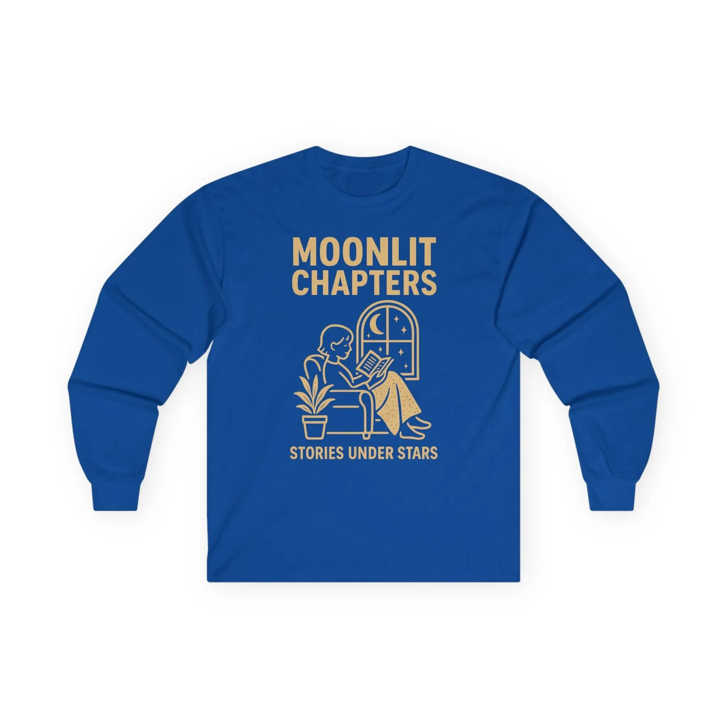 Moonlit Chapters Long Sleeve featuring a cozy design of a reader under stars, perfect gift for book lovers and readers.