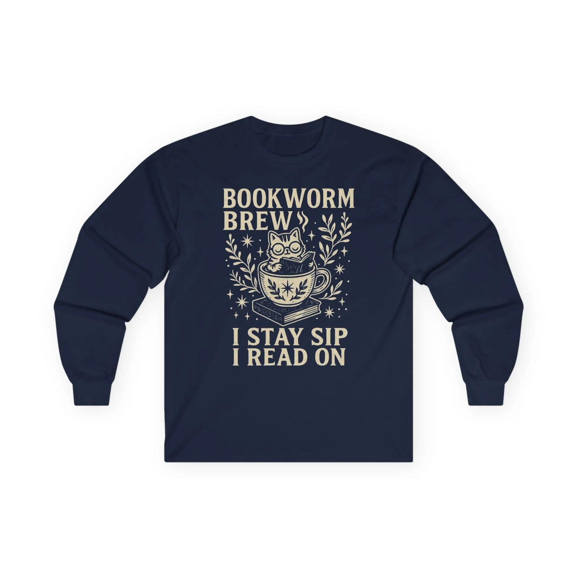 Cozy navy long sleeve featuring a whimsical cat in a cup, text "Bookworm Brew I Stay Sip I Read On", perfect gift for book lovers.