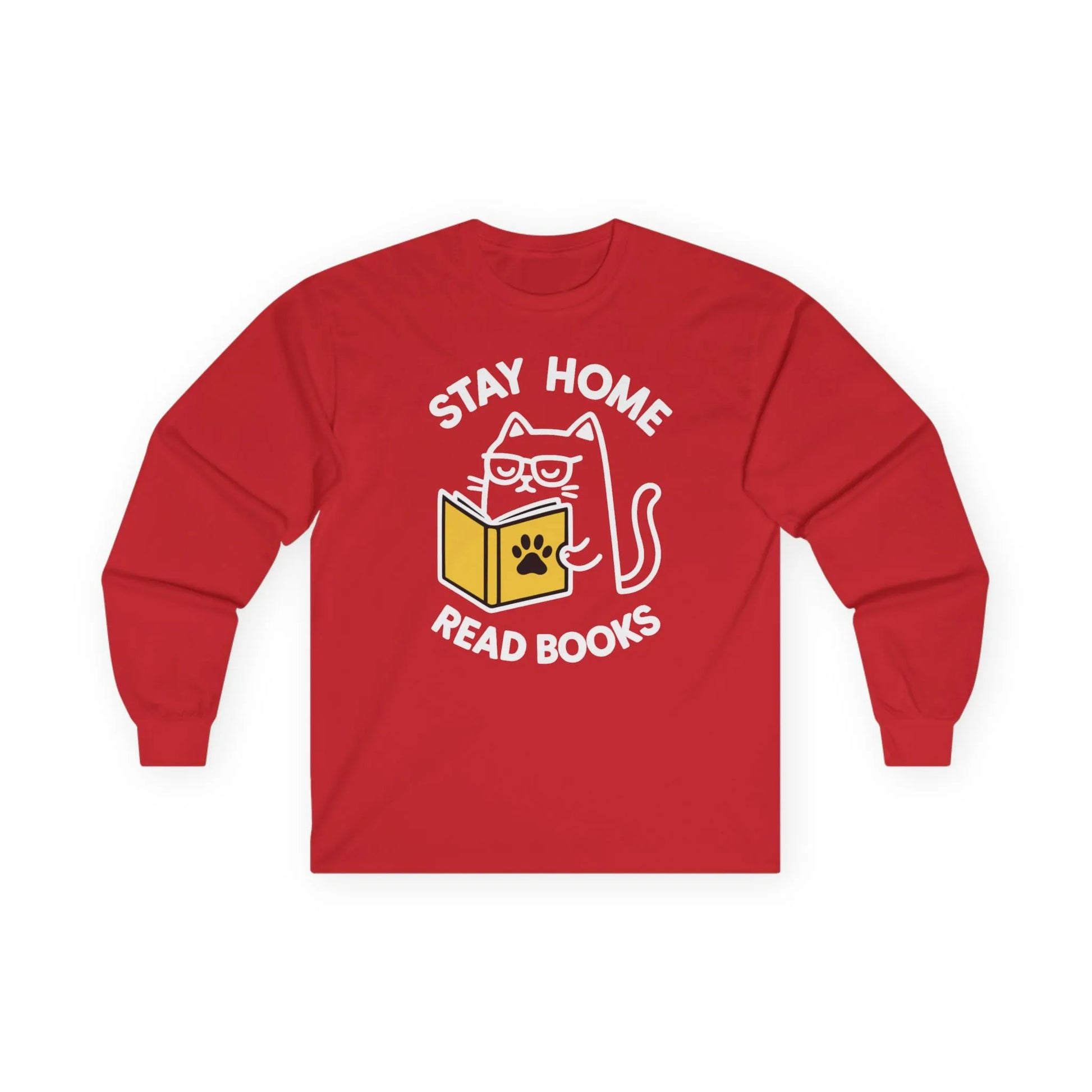 Purrfect Homebody Long Sleeve red shirt featuring a cat reading a book with text 'STAY HOME READ BOOKS', perfect for book lovers.