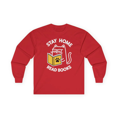 Purrfect Homebody Long Sleeve red shirt featuring a cat reading a book with text 'STAY HOME READ BOOKS', perfect for book lovers.