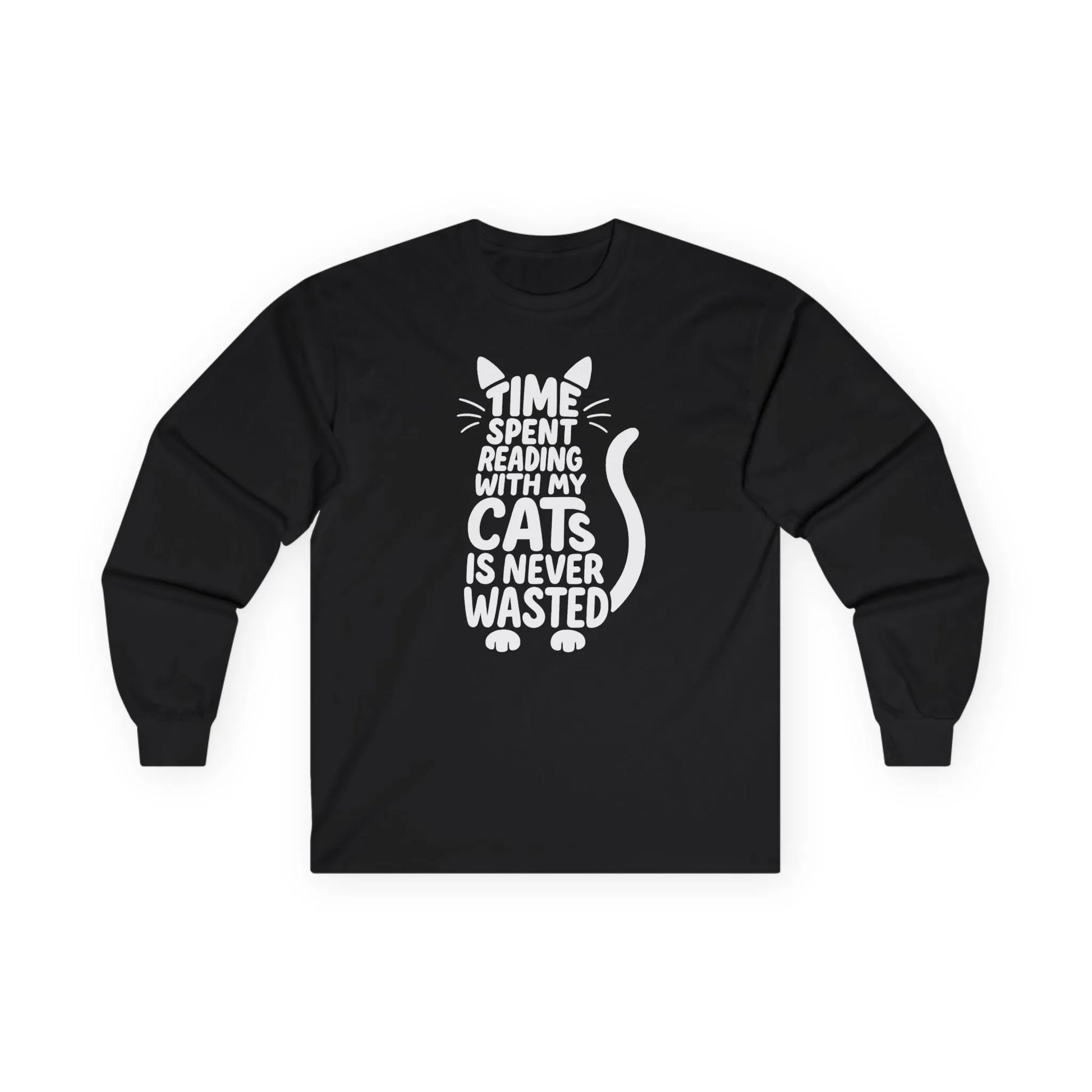 Never Wasted with Cats Long Sleeve features a playful cat-shaped typography; perfect book lover shirt for cozy reading moments.