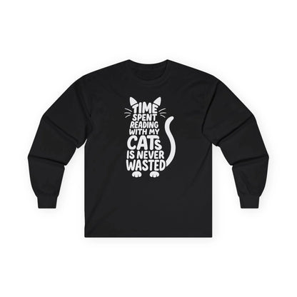 Never Wasted with Cats Long Sleeve features a playful cat-shaped typography; perfect book lover shirt for cozy reading moments.